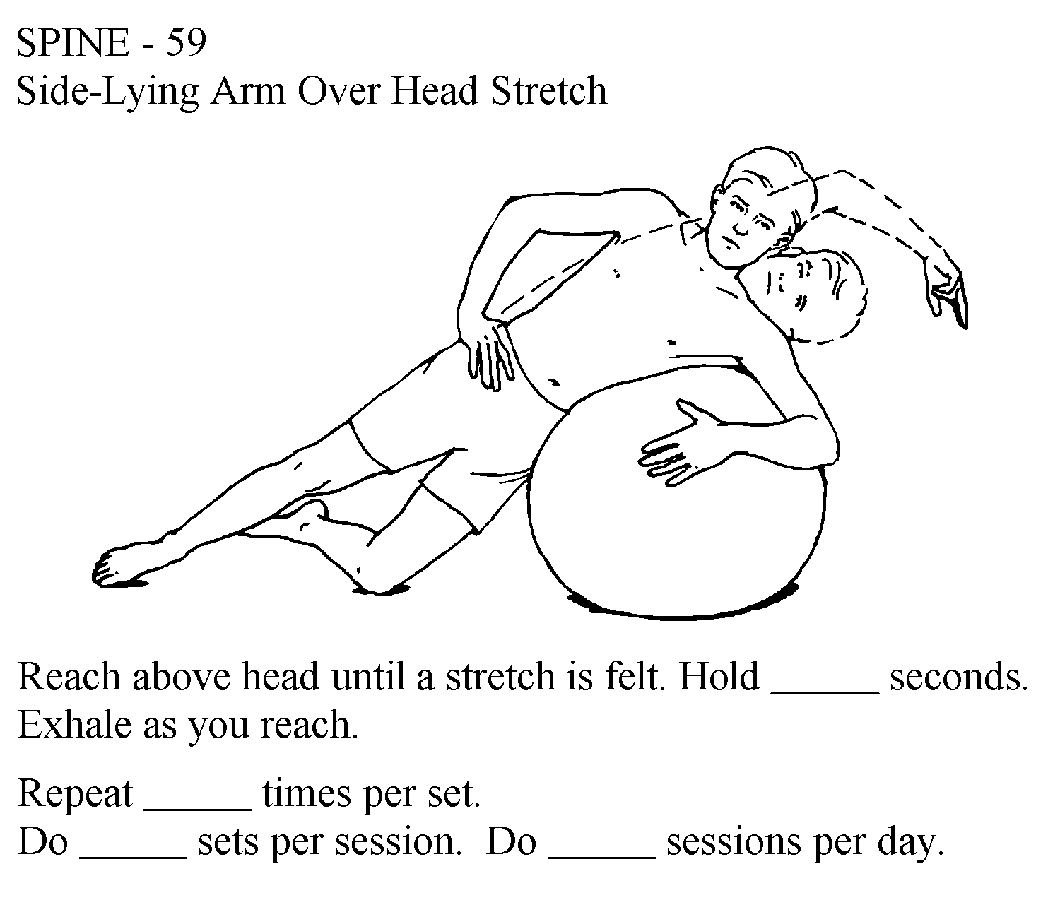 Man is sidebending over a therapy ball, raising one arm overhead to lengthen the lateral thoracolumar structures